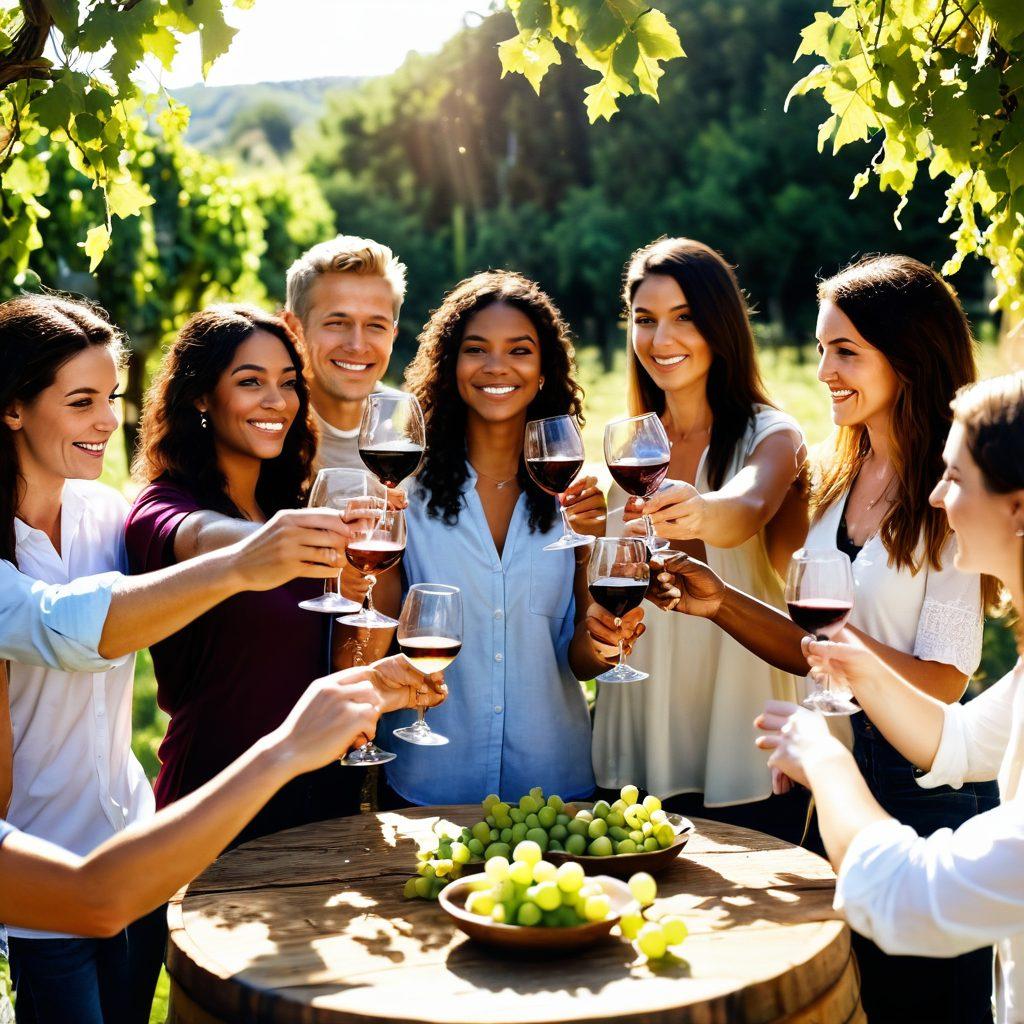 A lively gathering of diverse friends clinking wine glasses in a sunlit vineyard, surrounded by lush grapevines and rustic wooden barrels. In the background, an educational wine-tasting event is taking place with an expert guiding participants. Include a cheerful atmosphere with balloons and string lights, celebrating community and joy. super-realistic. vibrant colors. warm tones.