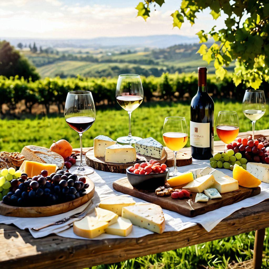 A beautifully arranged wine tasting table with an assortment of elegant wine glasses filled with rich red and crisp white wines, surrounded by gourmet cheeses, fruits, and artisanal bread. In the background, a vineyard bathed in golden sunlight with lush green vines stretching towards the horizon. A soft focus effect enhances the atmosphere of sophistication and relaxation. vibrant colors. super-realistic.