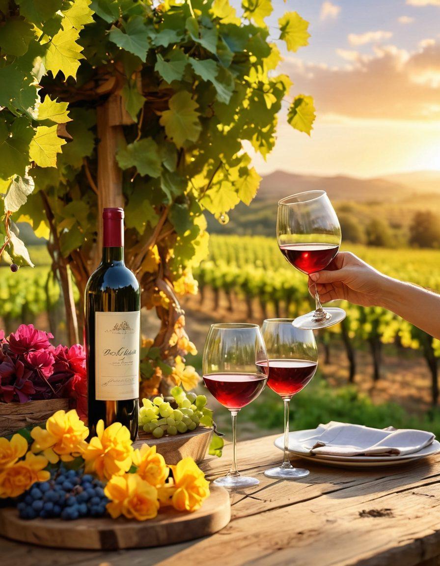 A picturesque vineyard bathed in warm golden sunlight, with cheerful people clinking glasses of wine, surrounded by lush grapevines and colorful flowers. Include a rustic wooden table adorned with a selection of wine bottles and glasses, set against a stunning sunset backdrop. Capture the joyful and educational atmosphere of wine tasting, with a hint of laughter and celebration. super-realistic. vibrant colors. warm tones.